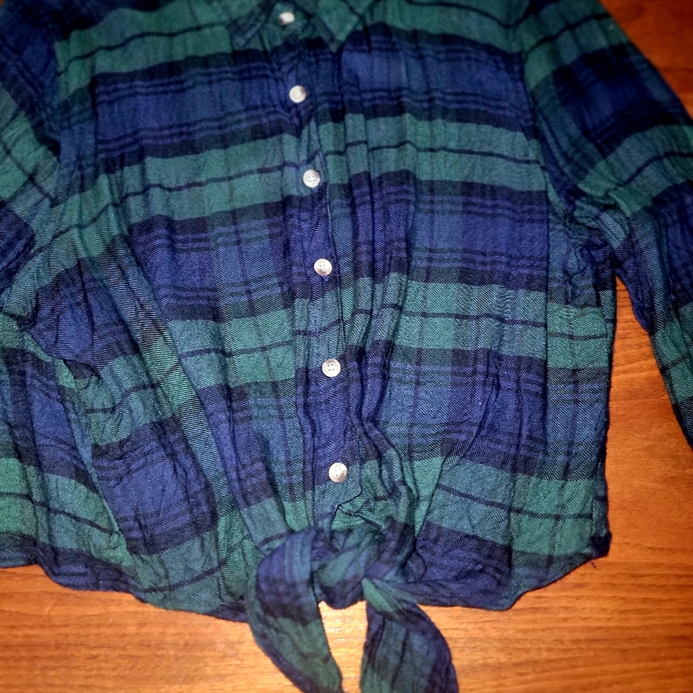 Style Envy Green Blue Plaid Tie Front Button Down Shirt Long Sleeves Lg - Picture 7 of 16